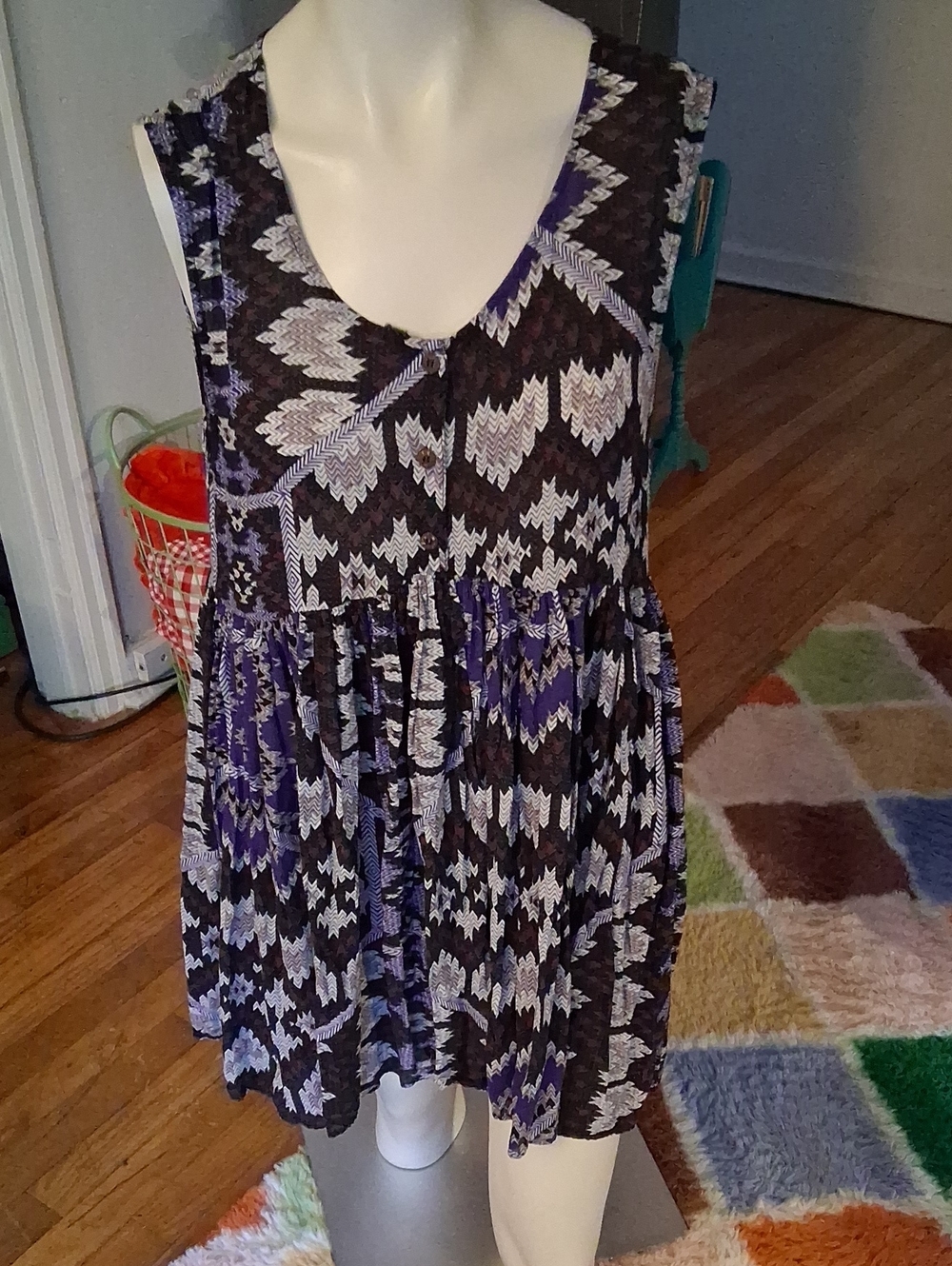 Free People Black, Purple & White Printed Sleeveless Tiered Tunic